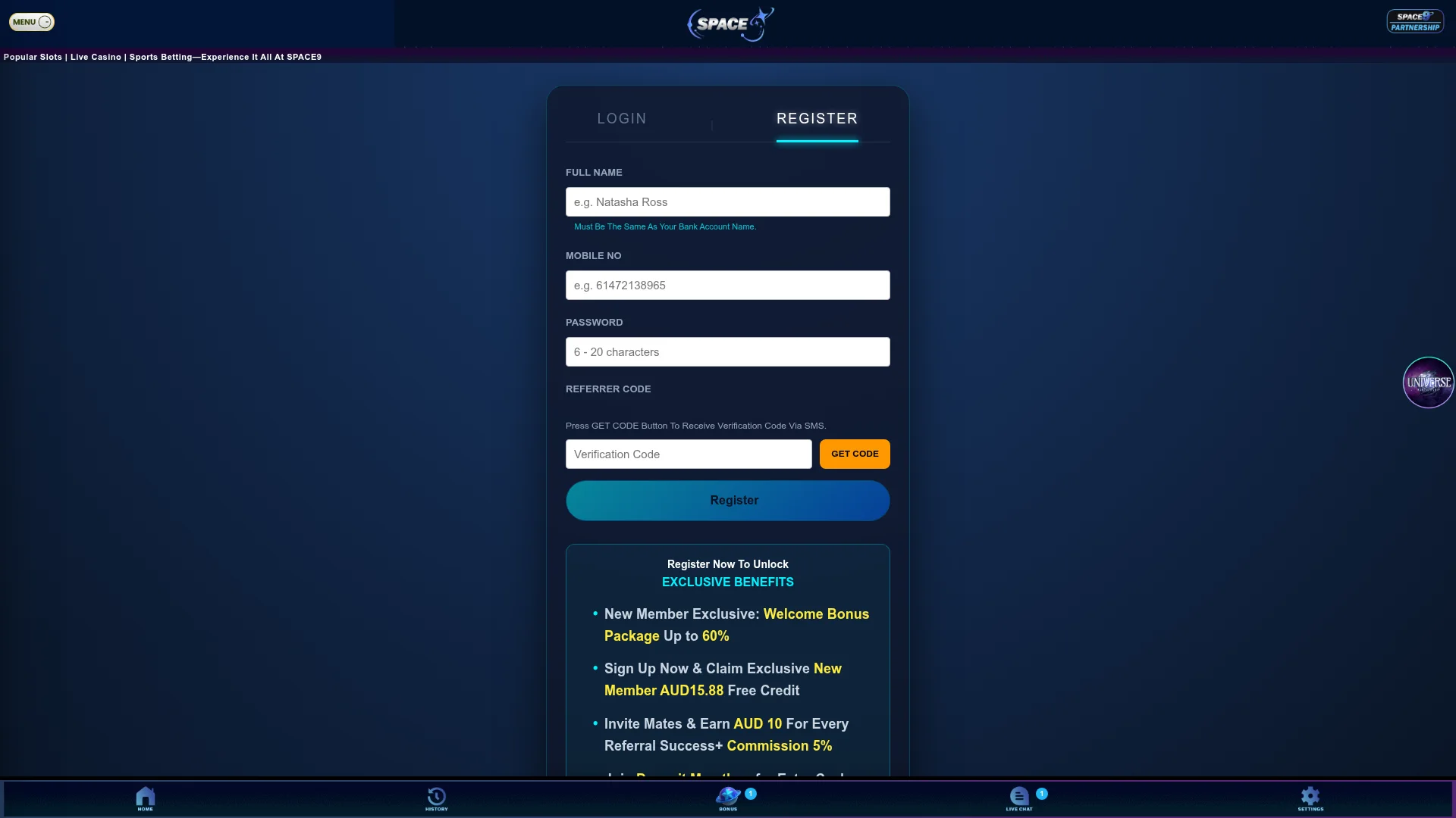 Space9 Casino desktop interface